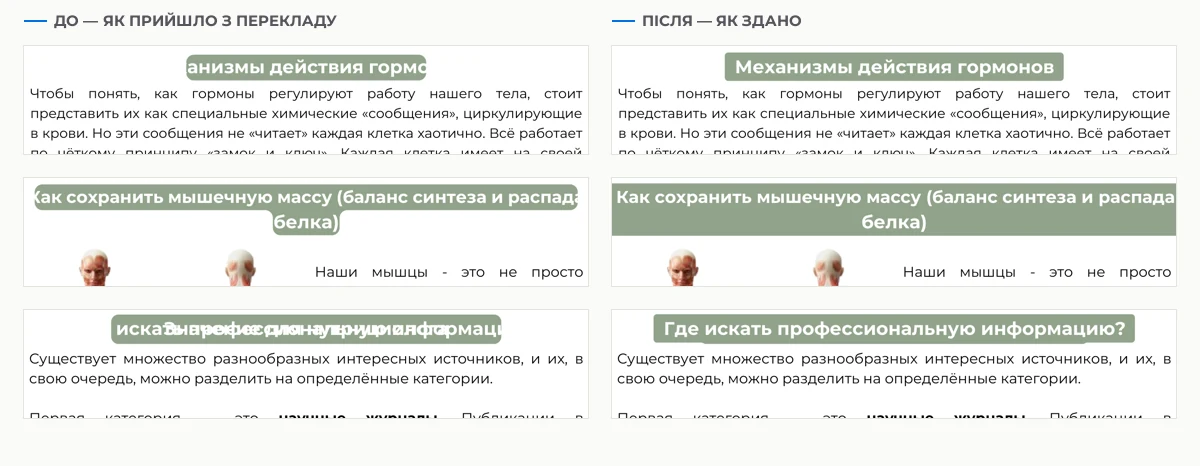 Сторінка до і після виправлення верстки: рядки більше не налізають один на одного